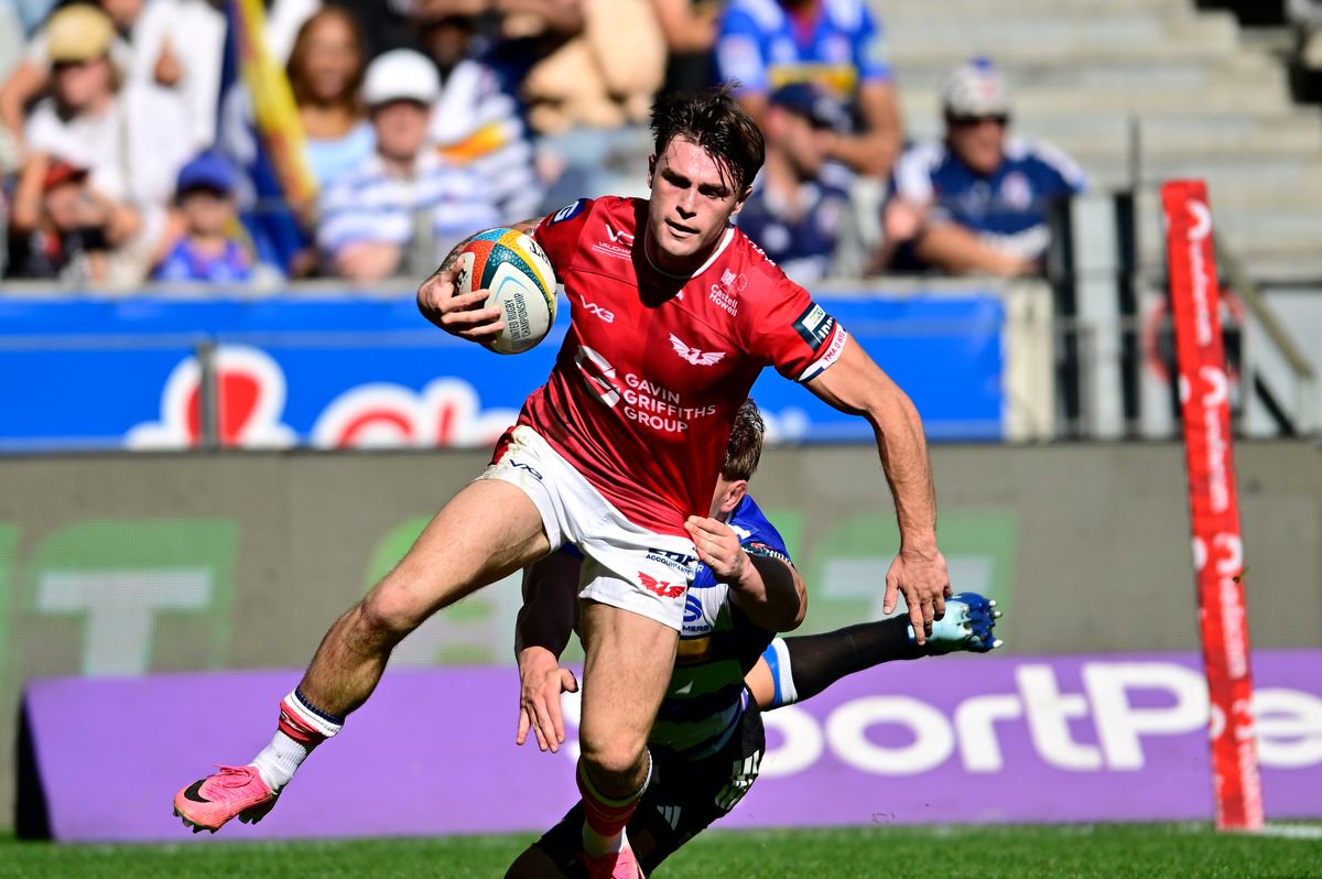 Joe Roberts of the Scarlets scores a try during the United Rugby Championship match against DHL Stormers