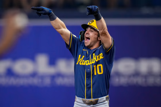 Milwaukee Brewers right fielder Sal Frelick celebrates.