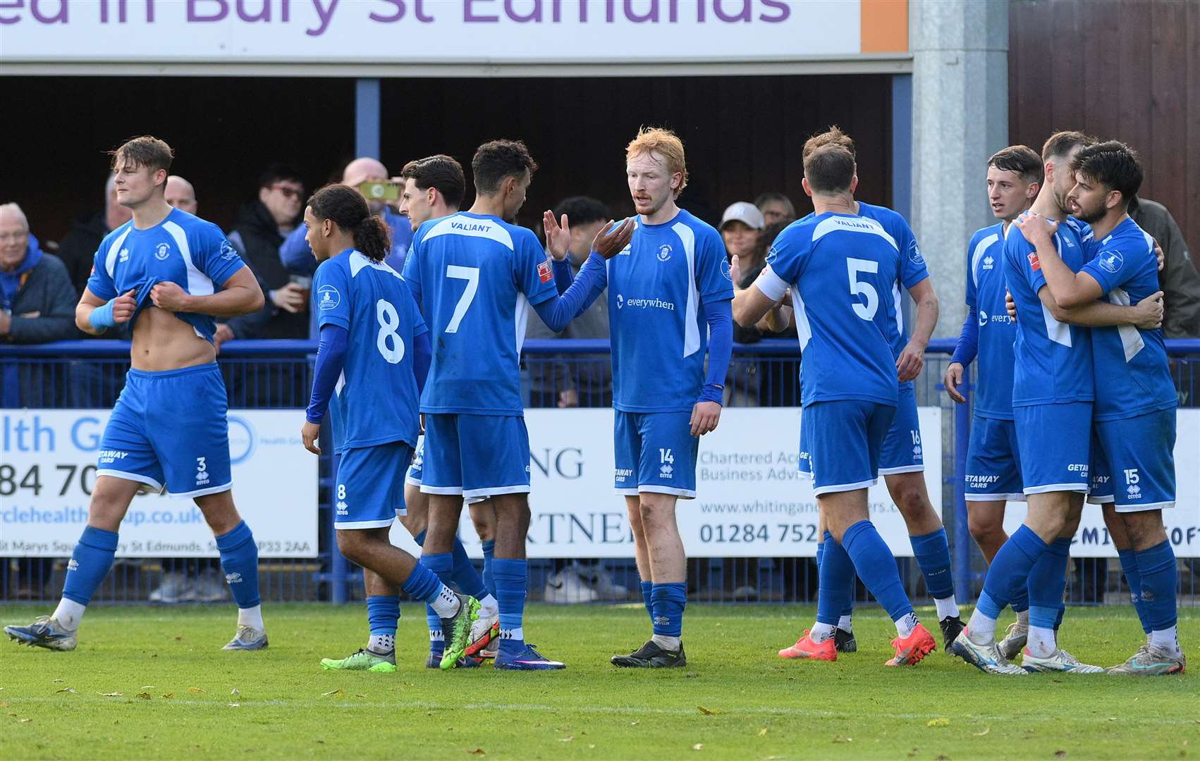Bury Town celebrate one of their two goals during last weekend’s victory over Stourbridge at the Getaway Cars Stadium - more on page 60 Picture: Mecha Morton