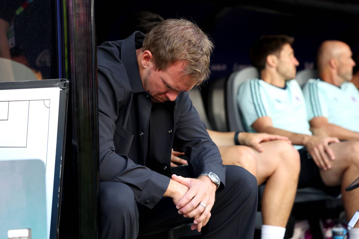 FOXBOROUGH, MASSACHUSETTS - JUNE 29: Julian Nagelsmann, Head Coach of Germany, reacts after the penalty shootout loss during the FIFA World Cup 2026 Round Of 32 match between Germany and Paraguay at Boston Stadium on June 29, 2026 in Foxborough, Massachusetts. (Photo by Joosep Martinson - FIFA/FIFA via Getty Images)