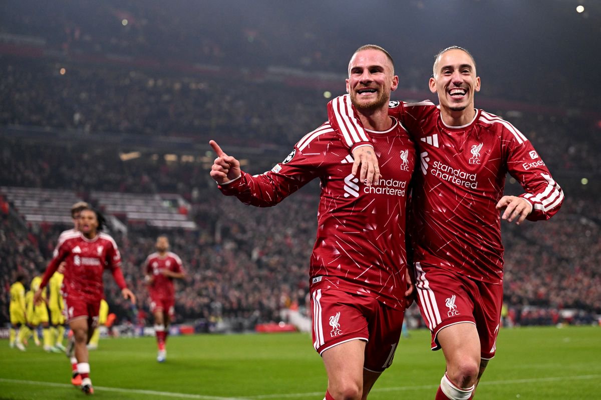 LIVERPOOL, ENGLAND - OCTOBER 20: Alexis Mac Allister of Liverpool celebrates scoring his team’s third goal with teammate Kostas Tsimikas during the UEFA Champions League 2026/27 League Phase MD3 match between Liverpool FC and Villarreal CF at Anfield on October 20, 2026 in Liverpool, England. (Photo by Liverpool FC/Liverpool FC via Getty Images)