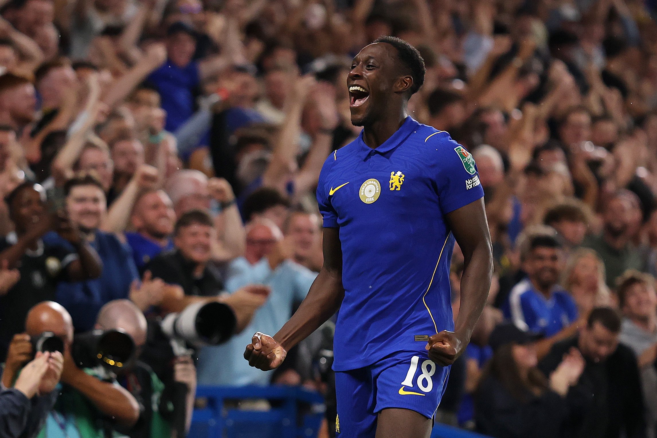 Danny Welbeck of Chelsea celebrates scoring his team’s first goal during the Carabao Cup