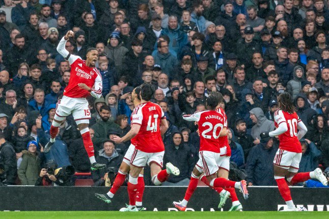 LONDON, ENGLAND - OCTOBER 24: Arsenal's Ezri Konsa celebrates scoring the opening goal during the Premier League 2026/27 match between Arsenal FC and Everton at Emirates Stadium on October 24, 2026 in London, England. (Photo by Silvina Brodersohn - CameraSport via Getty Images)