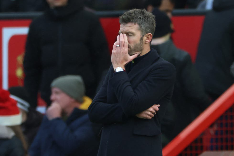 manchester uniteds english head coach michael carrick gestures on the touchline during the english premier league football match between manchester united and bournemouth at old trafford in manchester, north west england, on october 25, 2026. (photo by darren staples / afp via getty images) / restricted to editorial use. no use with unauthorized audio, video, data, fixture lists, club/league logos or live services. online in match use limited to 120 images. an additional 40 images may be used in extra time. no video emulation. social media in match use limited to 120 images. an additional 40 images may be used in extra time. no use in betting publications, games or single club/league/player publications. / 