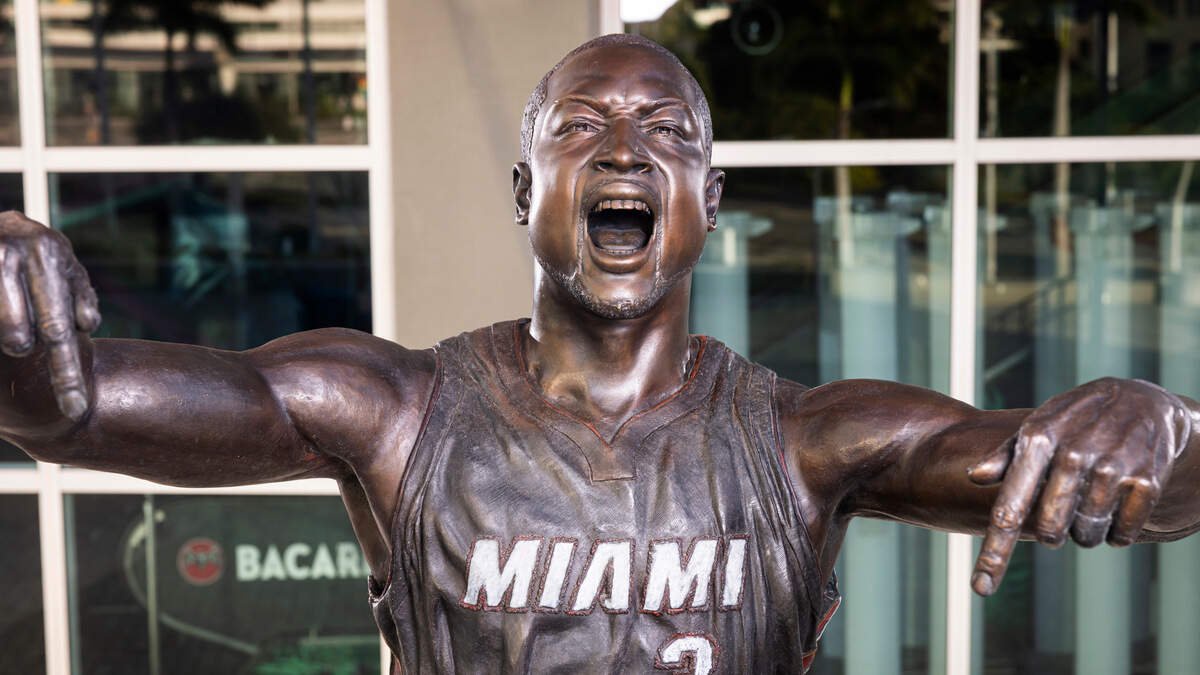 The Miami Heat replaced the head on Dwyane Wade’s bronze statue in front of Kaseya Center. This photo was taken on Oct. 30, 2026.
