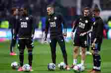 Jamie Vardy (centre) of Leicester City warms up prior to the Sky Bet Championship match between Preston North End and Leicester City at Deepdale