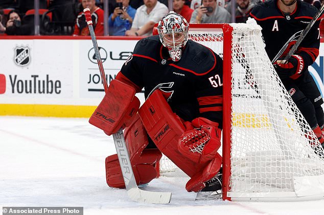 Carolina Hurricanes goaltender Pyotr Kochetkov (52) watches the puck during the first period of an NHL hockey game against the Columbus Blue Jackets in Raleigh, N.C., Thursday, Oct. 29, 2026. (AP Photo/Karl DeBlaker)