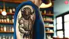 A realistic Minotaur tattoo on the upper arm of a man
