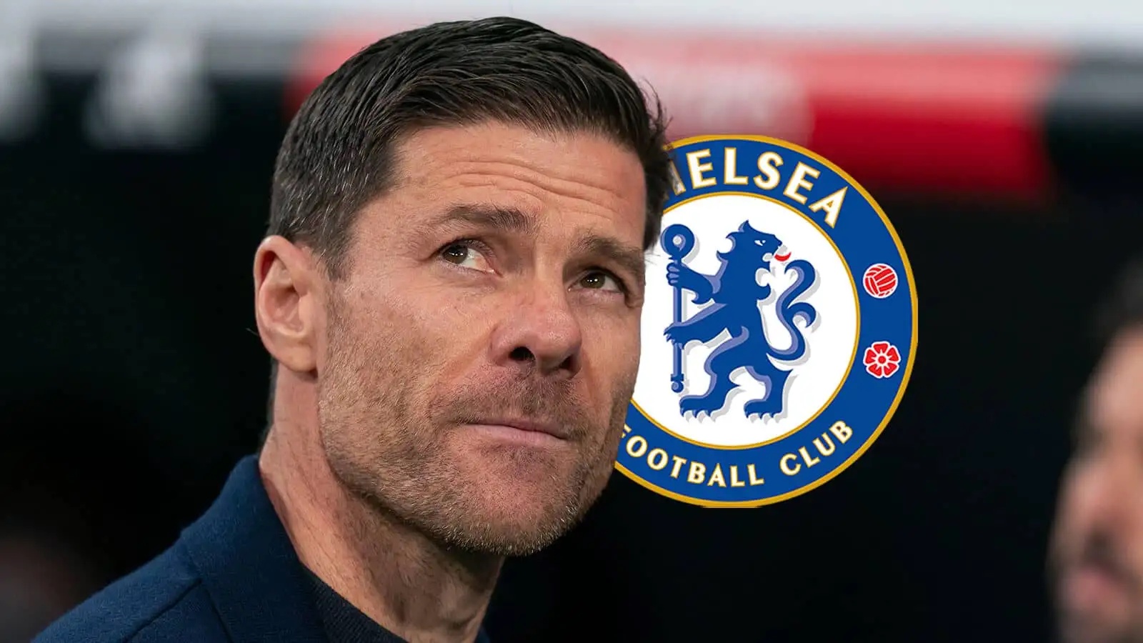 Incoming Chelsea manager Xabi Alonso next to the Chelsea badge - copyright TEAMtalk