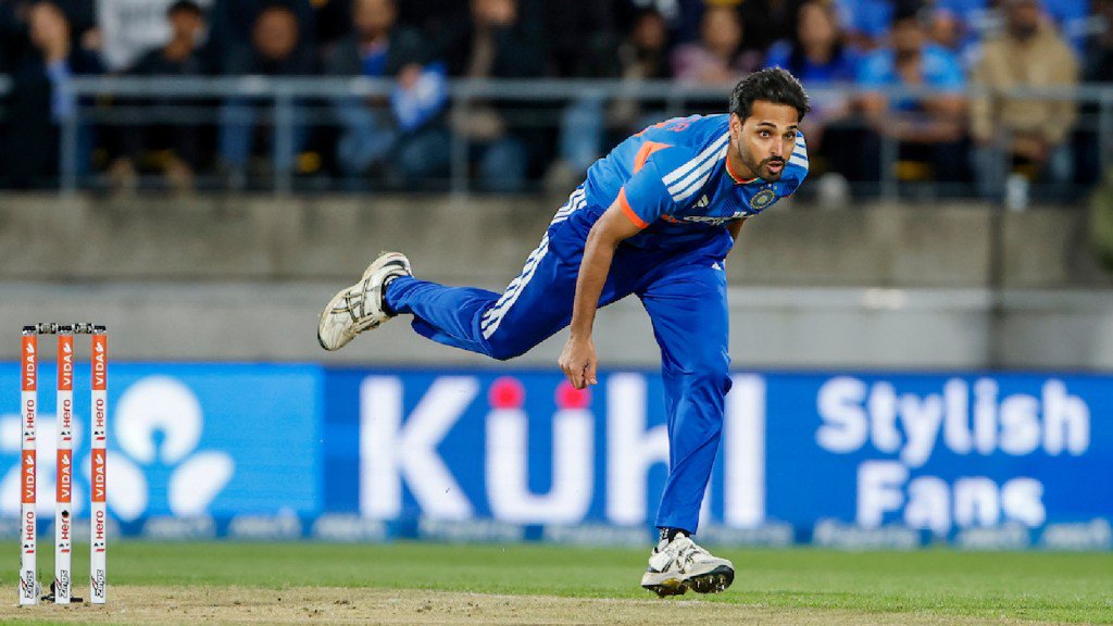 Bhuvneshwar Kumar of India bowls during the 3rd T20I match between New Zealand and India at the Hnry Stadium, Wellington, New Zealand on October 27, 2026.