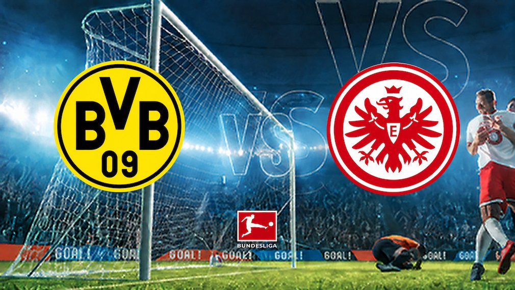 Logos von Borussia Dortmund, Eintracht Frankfurt auf Stadionhintergrund