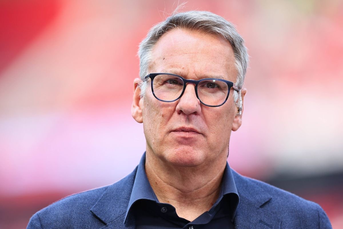 Paul Merson working as a pundit for Sky Sports ahead of the Premier League match between Manchester United and Arsenal FC at Old Trafford
