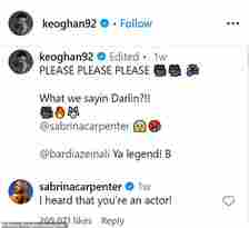 Sabrina coyly confirmed her new single was inspired by Barry in the comments of his June 6th Instagram post announcing the video where she quoted her own lyric: 'I heard that you're an actor!'