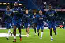 Nicolas Jackson, Axel Disasi, Mykhaylo Mudryk, Thiago Silva, Raheem Sterling and Benoit Badiashile of Chelsea warm up prior to the Premier League m...