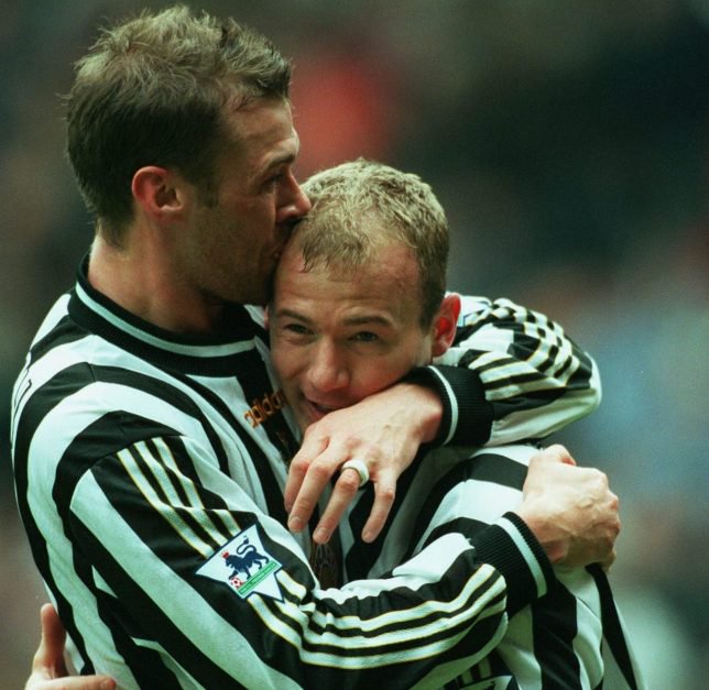 MANCHESTER, ENGLAND - APRIL 11: Alan Shearer of Newcastle United and Duncan Ferguson of Newcastle United celebrate during the FA Cup Semi-Final match between Newcastle United and Tottenham Hotspur at Old Trafford on April 11, 1999 in Manchester, England. (Photo by Michael Mayhew/Sportsphoto/Allstar via Getty Images)