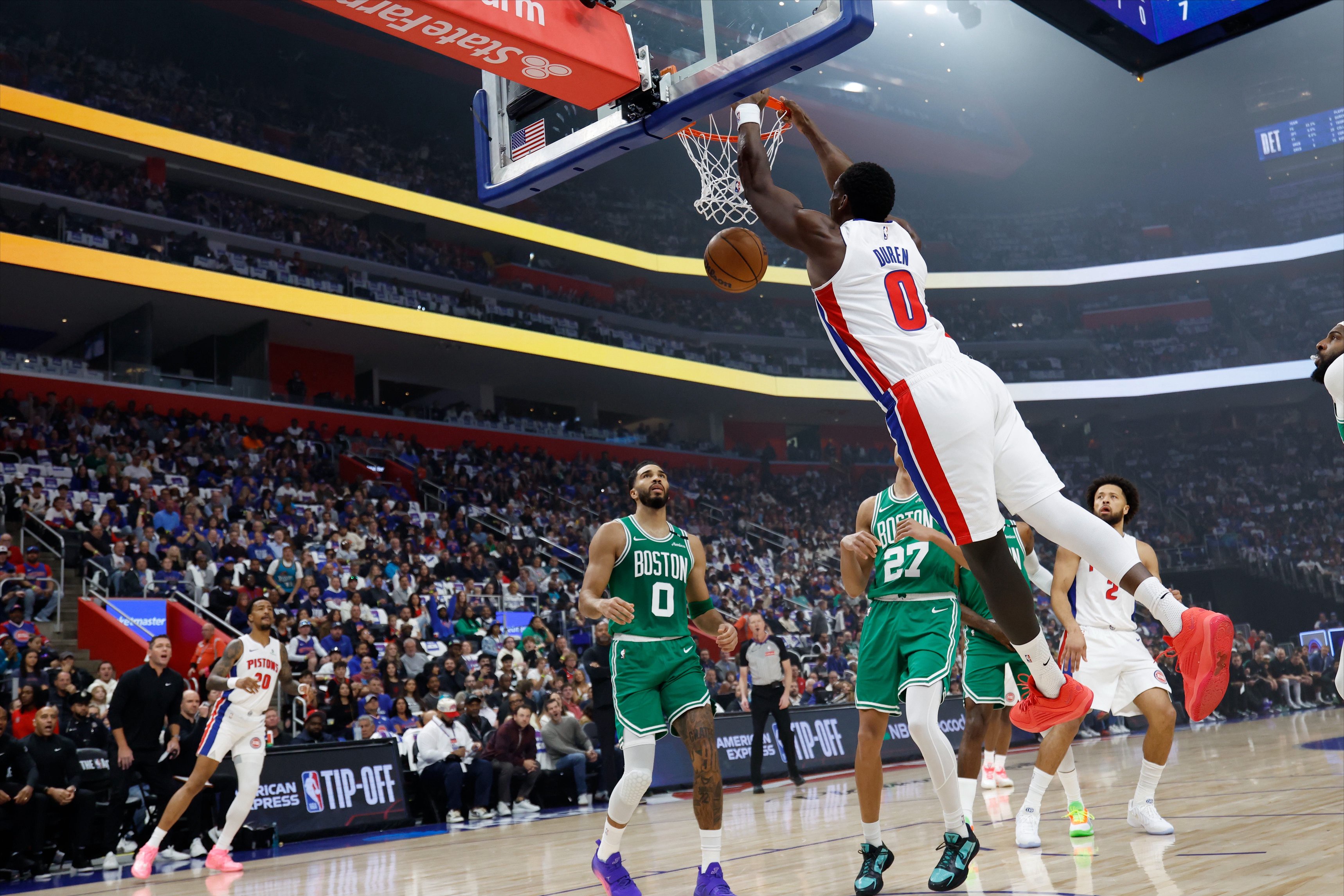 Oct 20, 2026; Detroit, Michigan, USA;  Detroit Pistons center Jalen Duren (0) dunks in the first half against the Boston Celtics at Little Caesars Arena.  Mandatory Credit: Rick Osentoski-Imagn Images