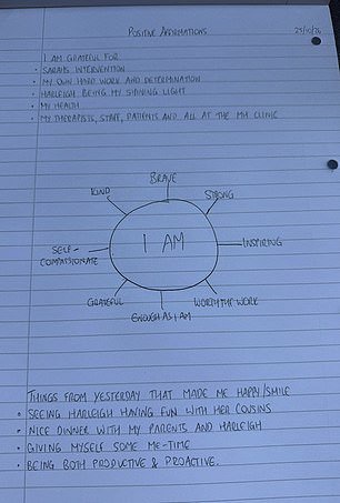 Allen's notes, dated on Sunday, detail things 'I am grateful for' as well as things from yesterday 'that made me happy/smile'
