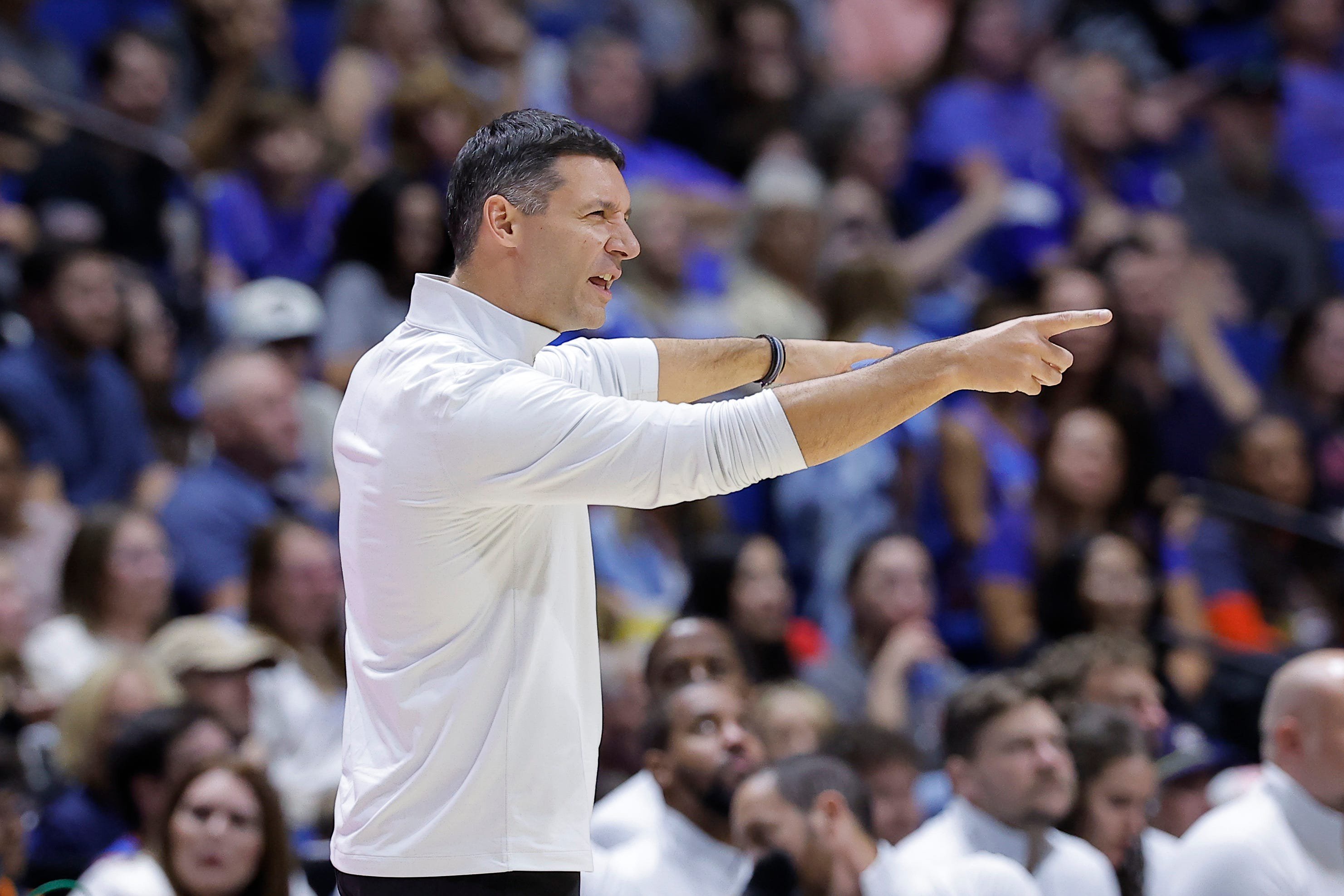 Oct 6, 2026; Tulsa, Oklahoma, USA; Oklahoma City Thunder Head Coach Mark Daigneault gestures to his team during a play against the New Orleans Pelicans during the first half at BOK Center. Mandatory Credit: Alonzo Adams-Imagn Images