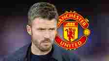Manchester United manager Michael Carrick next to the Manchester United badge - copyright F365