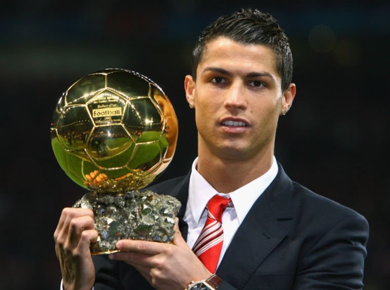 Cristiano Ronaldo of Manchester United receives the Ballon d’or after being voted the European Footballer of the Year before the UEFA Champions League Group E match between Manchester United and Aalborg at Old Trafford on December 10, 2008 in Manchester, England