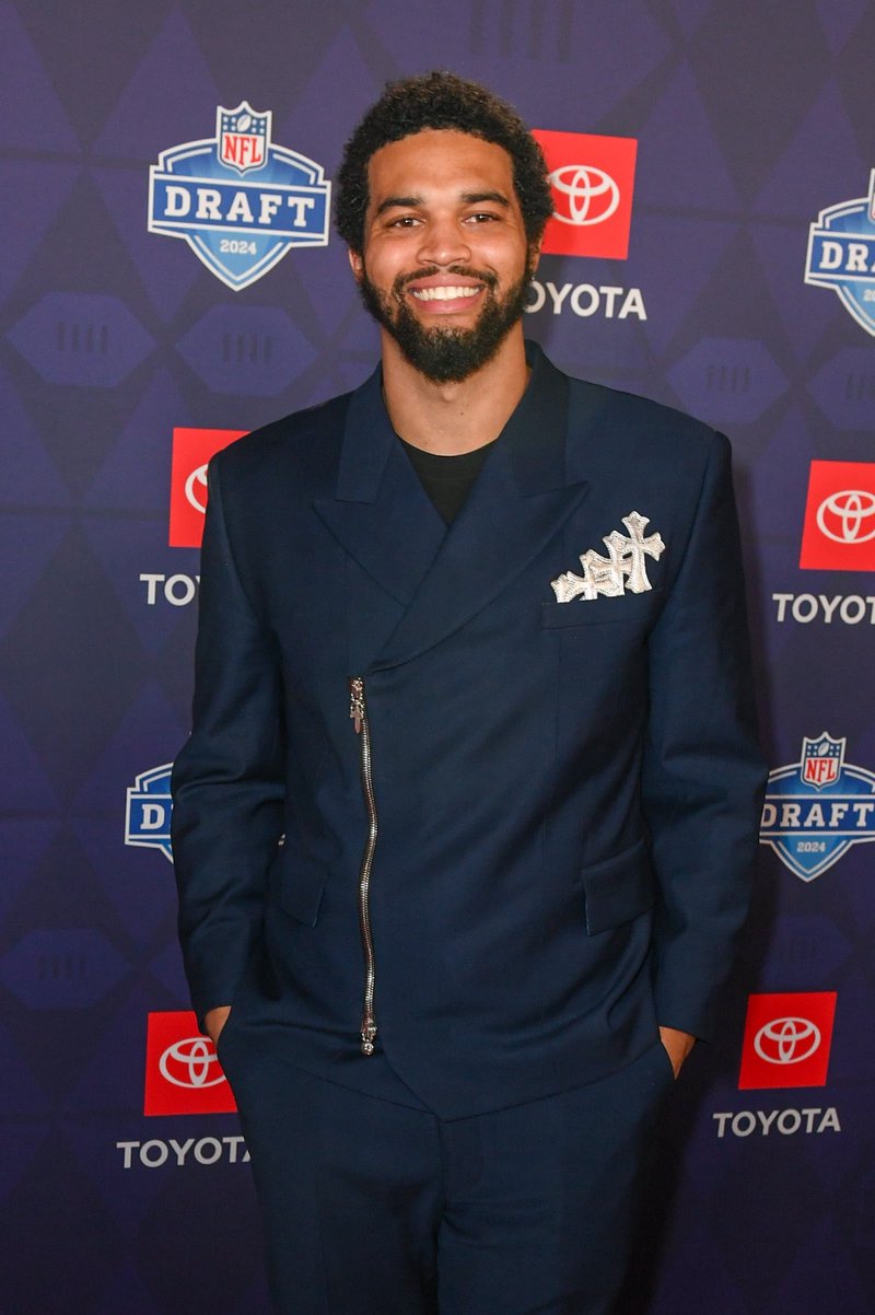 Caleb Williams of the USC Trojans arrives at the 2024 NFL Draft at the Fox Theatre on April 25, 2024, in Detroit, Michigan.