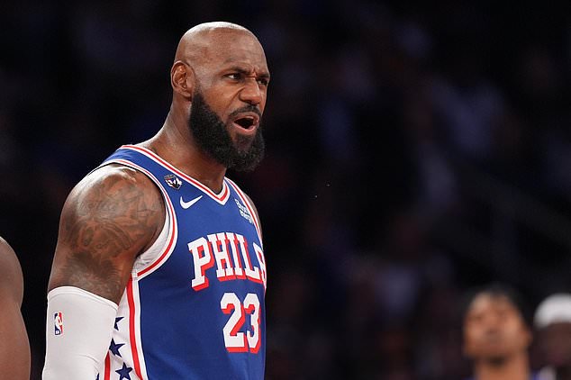 Philadelphia 76ers forward LeBron James yells during the second half of an NBA basketball game against the New York Knicks Tuesday, Oct. 20, 2026, in New York. (AP Photo/Frank Franklin II)