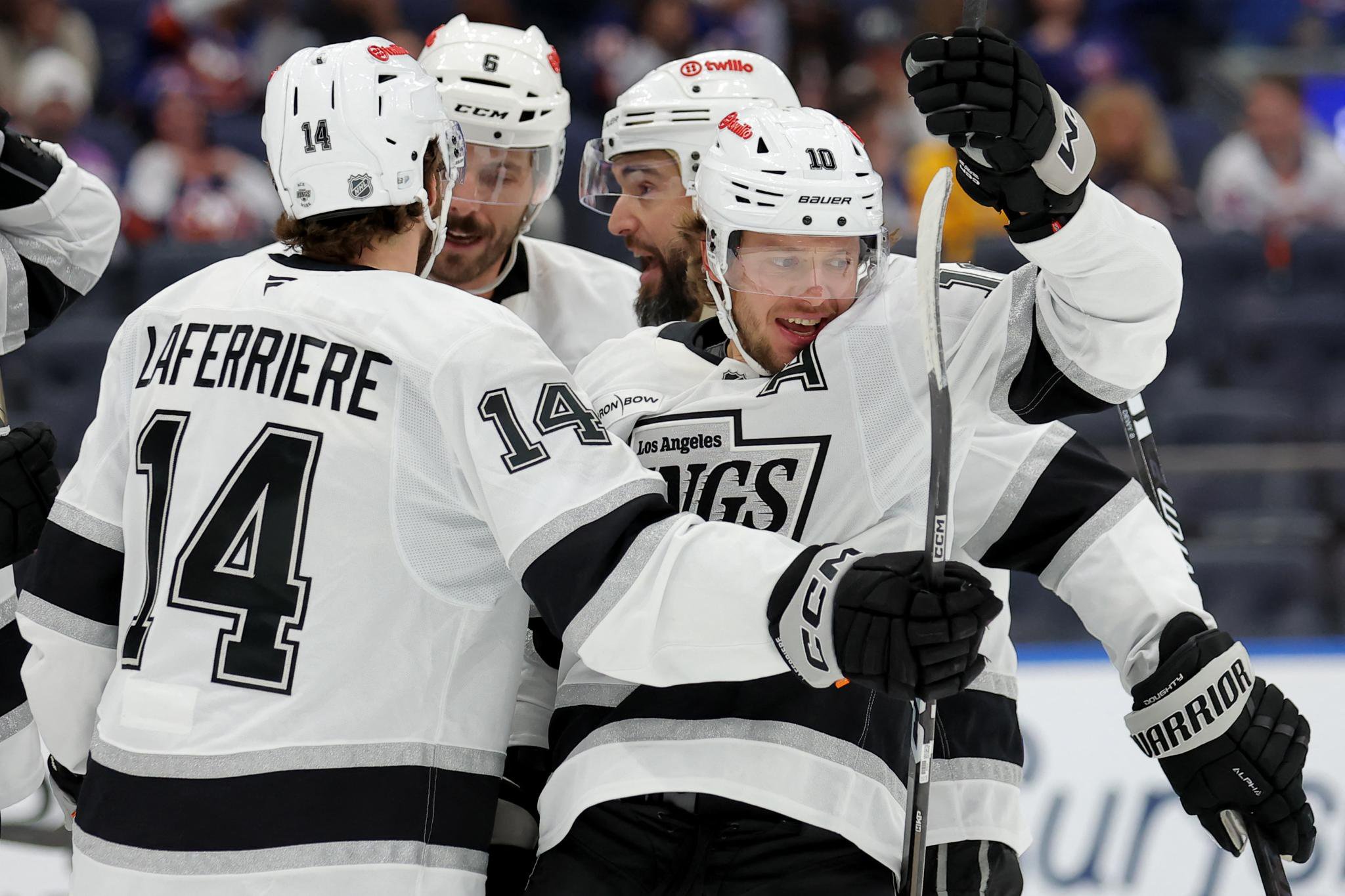 Former Ranger Artemi Panarin is all smiles as he get mobbed by his teammates after scoring his second goal of the game in the Islanders' 3-2 overtime loss to the Kings on Oct. 22 2026 at UBS Arena.