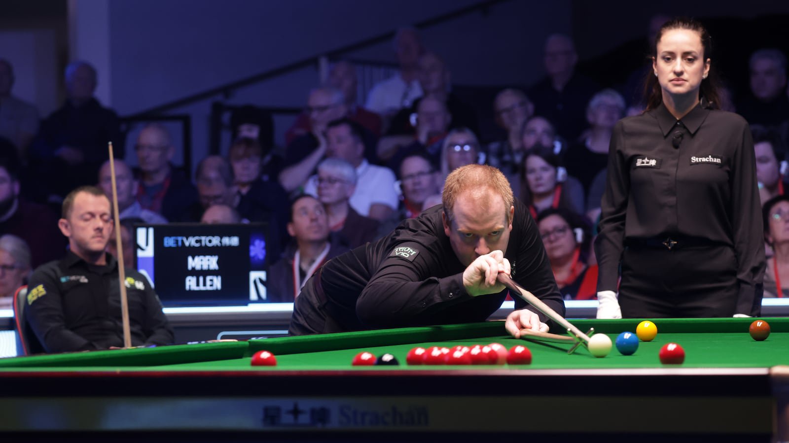 Mark Allen in action against Jordan Brown during the BetVictor Northern Ireland Open in Belfast.
PICTURE: COLM LENAGHAN