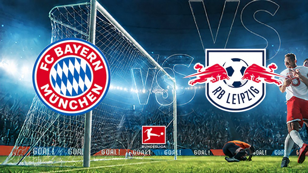 Logos von Bayern München und RB Leipzig auf Stadionhintergrund