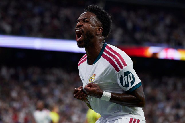 MADRID, SPAIN - OCTOBER 10: Vinicius Junior of Real Madrid celebrates after scoring their side's second goal, which was later disallowed following a VAR review, during the LaLiga EA Sports 2026/27 match between Real Madrid and Villarreal CF at Estadio Santiago Bernabeu on October 10, 2026 in Madrid, Spain. (Photo by Alvaro Medranda/Quality Sport Images/Getty Images)