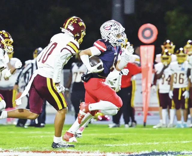 <p>Pittston Area’s Lucas LoPresto runs through the Wyoming Valley West defense on his way to a 67-yard TD in the first quarter.</p>
                                 <p>Tony Callaio | For Times Leader</p>