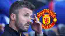 Manchester United manager Michael Carrick next to the Manchester United badge - copyright TEAMtalk