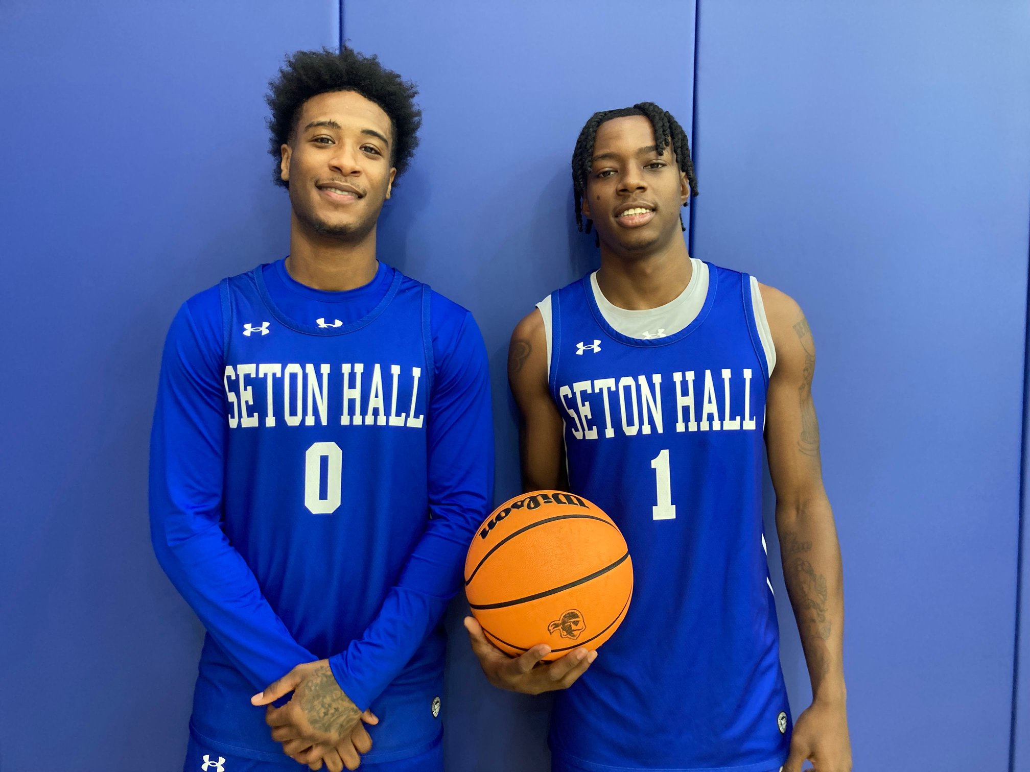 Seton Hall basketball point guards Del Jones (left) and Trey Parker (right)