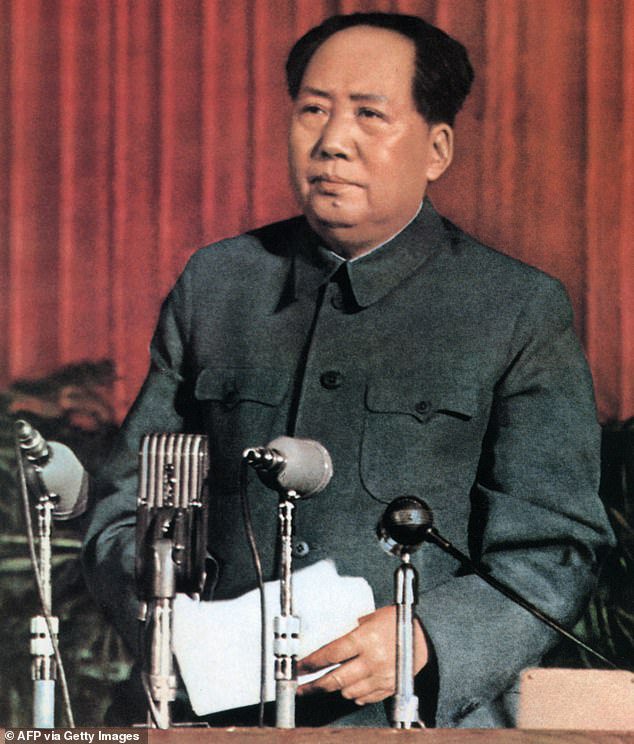 Chairman Mao is pictured delivering a speech 'about correctly handling contradiction among the people' in Beijing in 1957