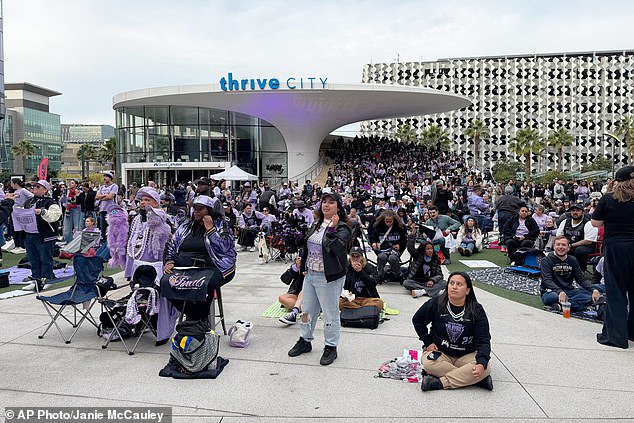 Fans attend the Golden State Valkyries' watch party at Chase Center's Thrive City plaza