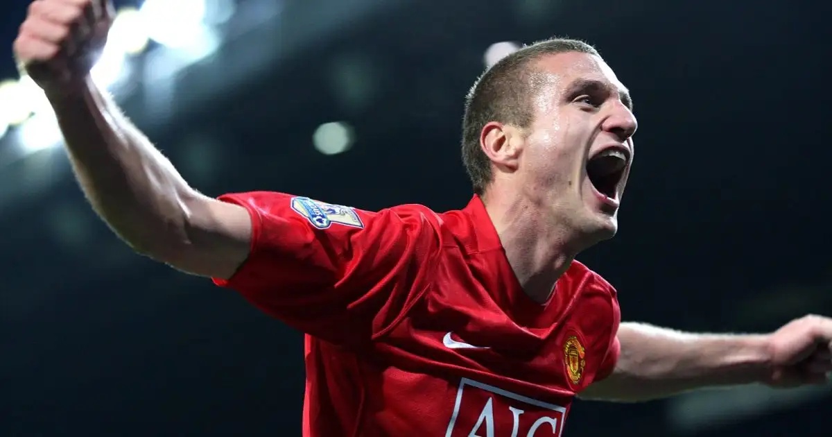 Manchester United's Nemanja Vidic celebrates scoring the winning goal late in the game against Sunderland at Old Trafford, Manchester, December 2008.