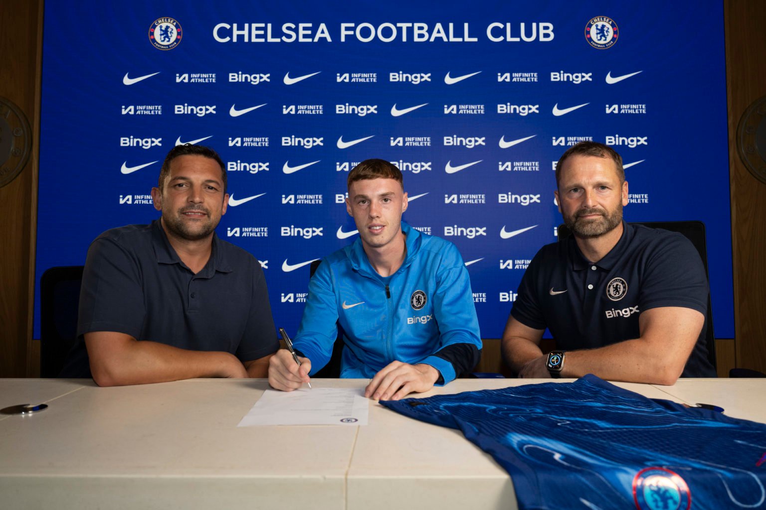 Chelsea announce Cole Palmer has signed a new contract at Chelsea Training Ground on August 13, 2024 in Cobham, England.