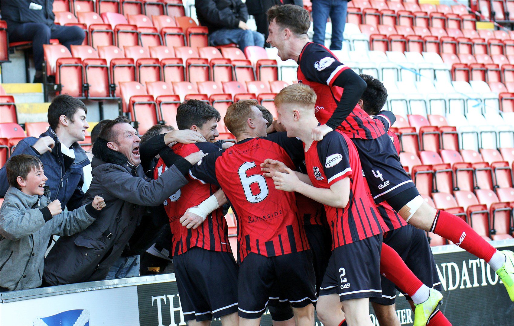 Elgin City celebrate Kane Hester's goal at Airdrie in 2019. Photo: Bob Crombie