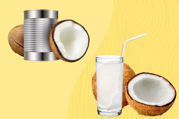 a side by side of coconut milk and coconut water