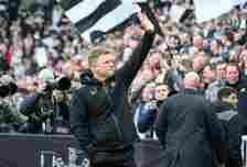 Newcastle United manager Eddie Howe waves during the Premier League match between Newcastle United and Sheffield United at St. James Park on April ...