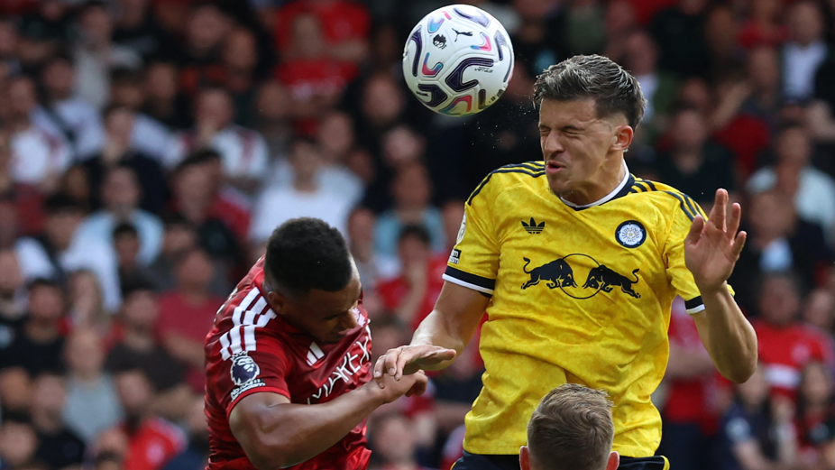 Tarik Muharemovic wins an aerial challenge on his Premier League debut for Leeds United against Nottingham Forest in August 2026 