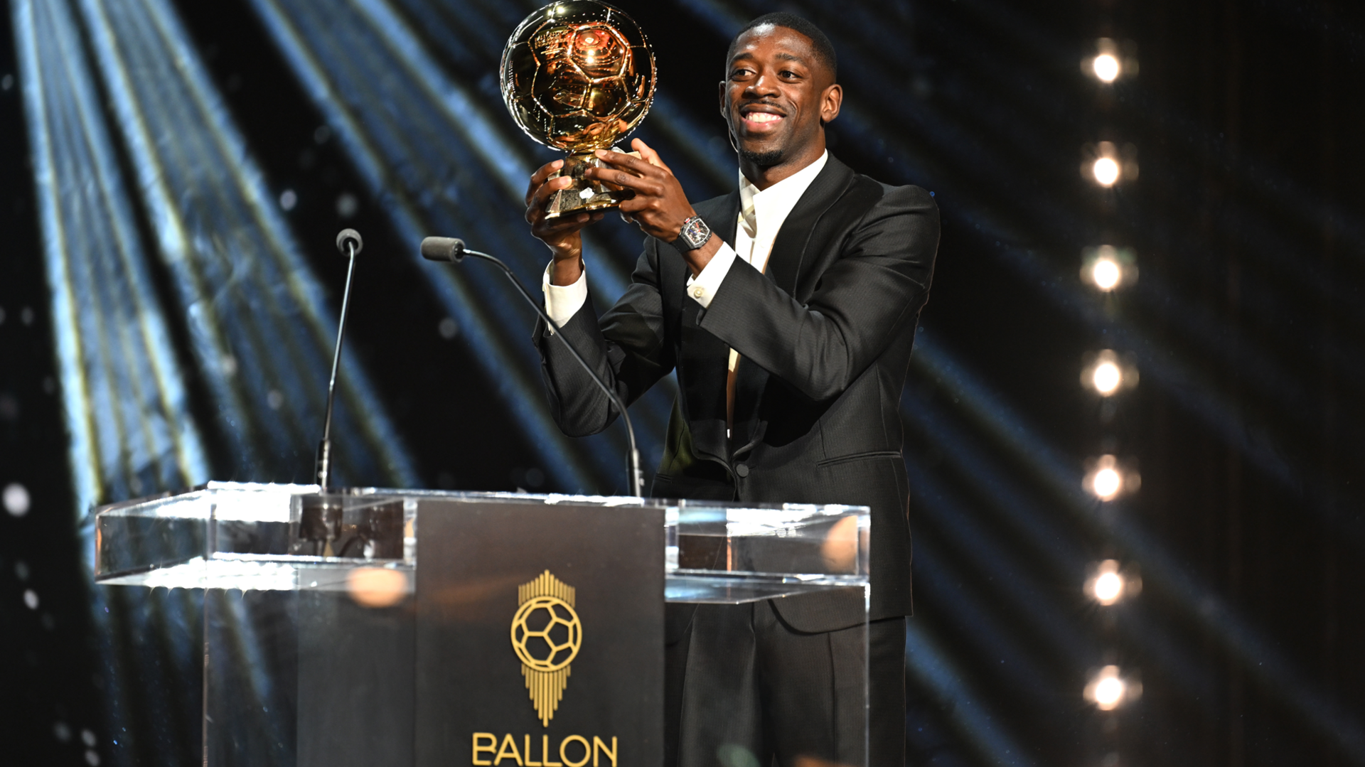 Ousmane Dembele of Paris Saint-Germain holds the men's Ballon d'Or trophy at the 2026 ceremony