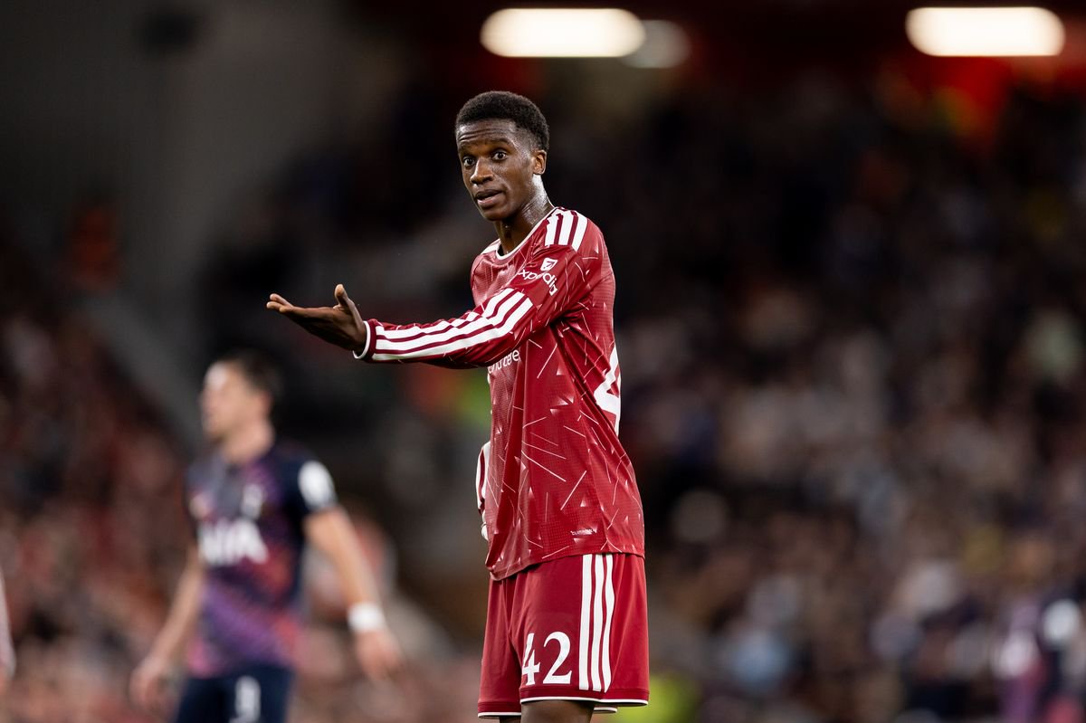 LIVERPOOL, ENGLAND - SEPTEMBER 15: Trey Nyoni of Liverpool gestures during the Carabao Cup Third Round match between Liverpool and Tottenham Hotspur at Anfield on September 15, 2026 in Liverpool, England. (Photo by Gaspafotos/MB Media/Getty Images)