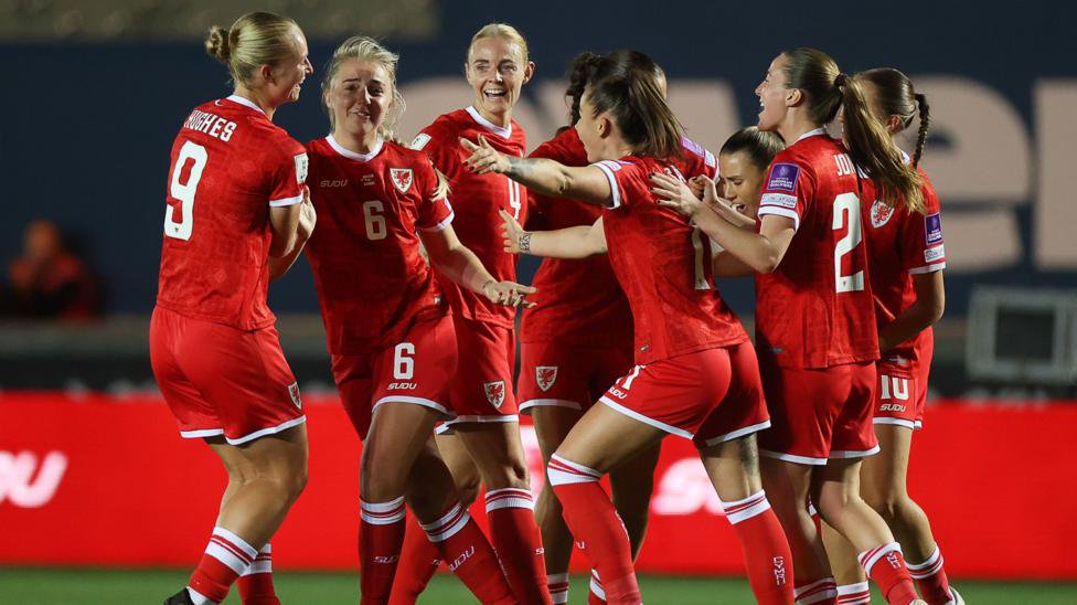 Wales women players celebrate a goal in a game against Albania