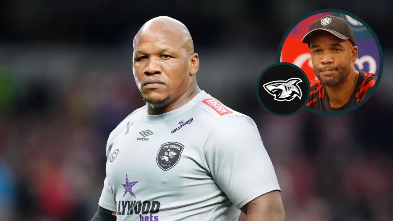 Sharks hooker Bongi Mbonambi and an inset of head coach JP Pietersen.