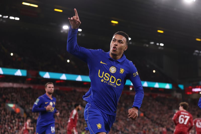 Morgan Rogers celebrates scoring for Chelsea. Photograph: Carl Recine/Getty Images