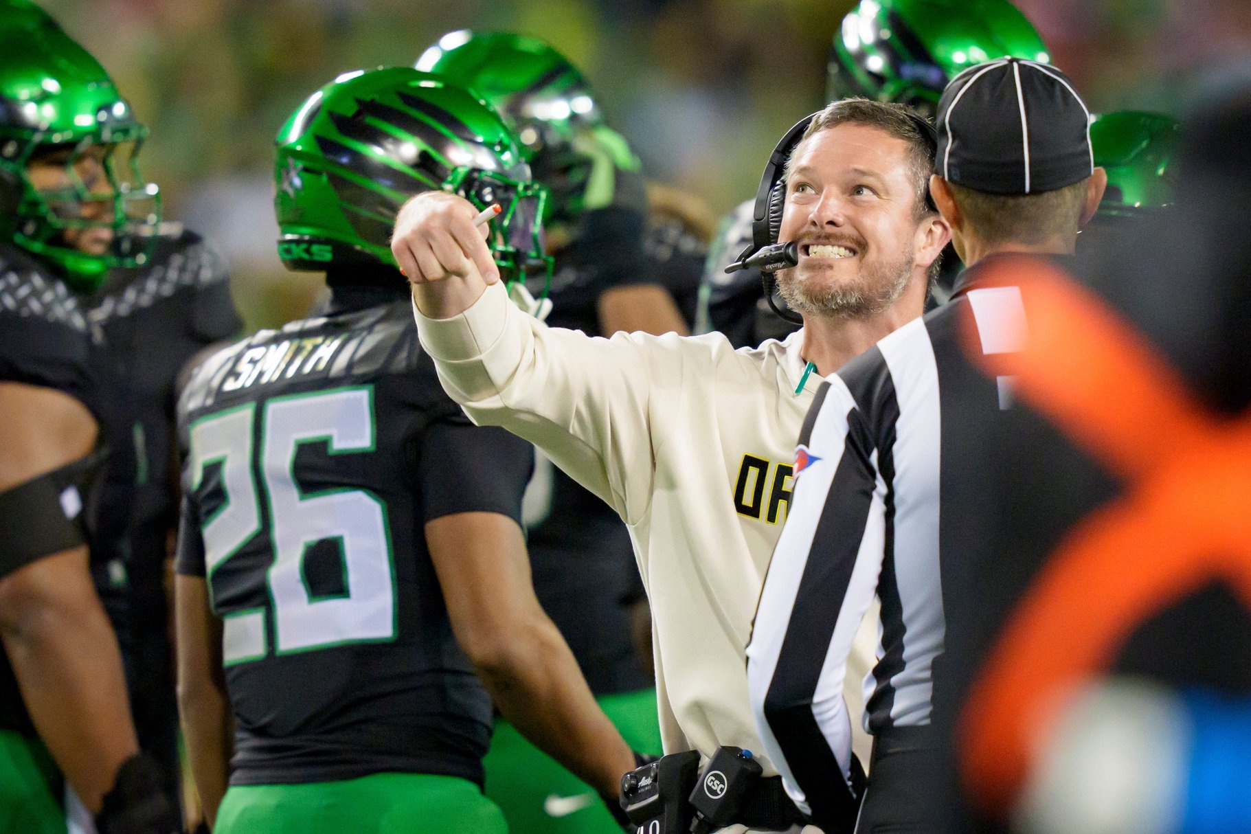Oregon Ducks head coach Dan Lanning talks to the officials as the Oregon Ducks host the Nebraska Cornhuskers on Oct. 17, 2026, at Autzen Stadium in Eugene, Oregon.