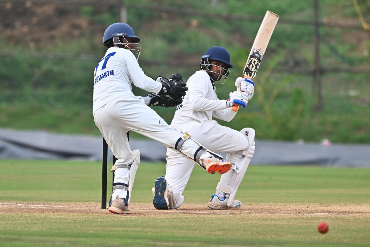 Hyderabad's Tanay Thyagarajann plays a shot.
