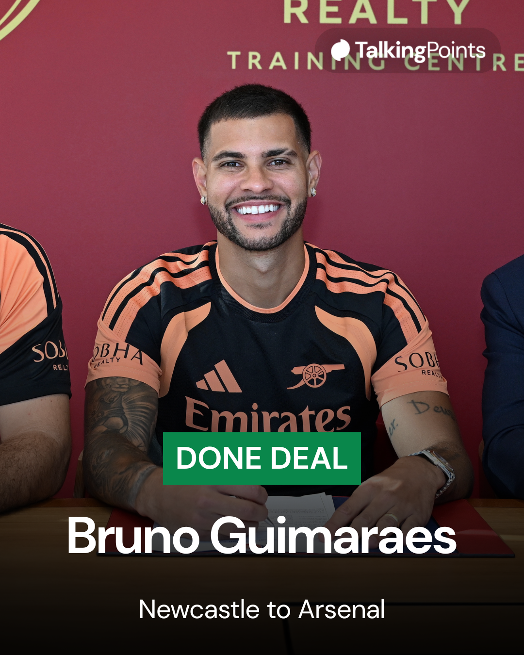 Photo of Bruno Guimaraes signing his Arsenal contract, overlaid with text