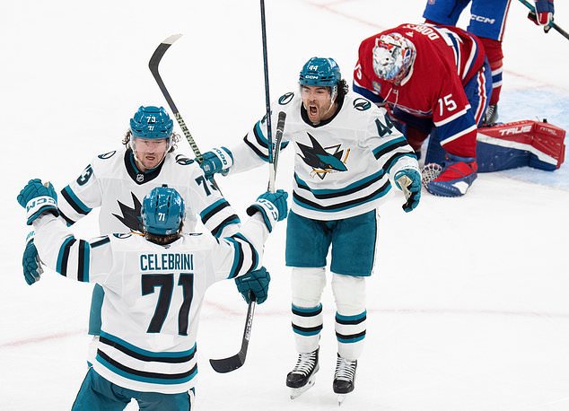 San Jose Sharks' Tyler Toffoli (73) celebrates his goal over Montreal Canadiens goaltender Jakub Dobes (75) with teammates Macklin Celebrini (71) and Kiefer Sherwood (44) during the third period of an NHL hockey game in Montreal, Tuesday, Oct. 20, 2026. (Christinne Muschi/The Canadian Press via AP)